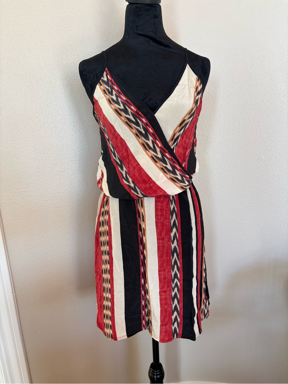 Vix Striped Red Black Cream Wrap-Front Women's Dress